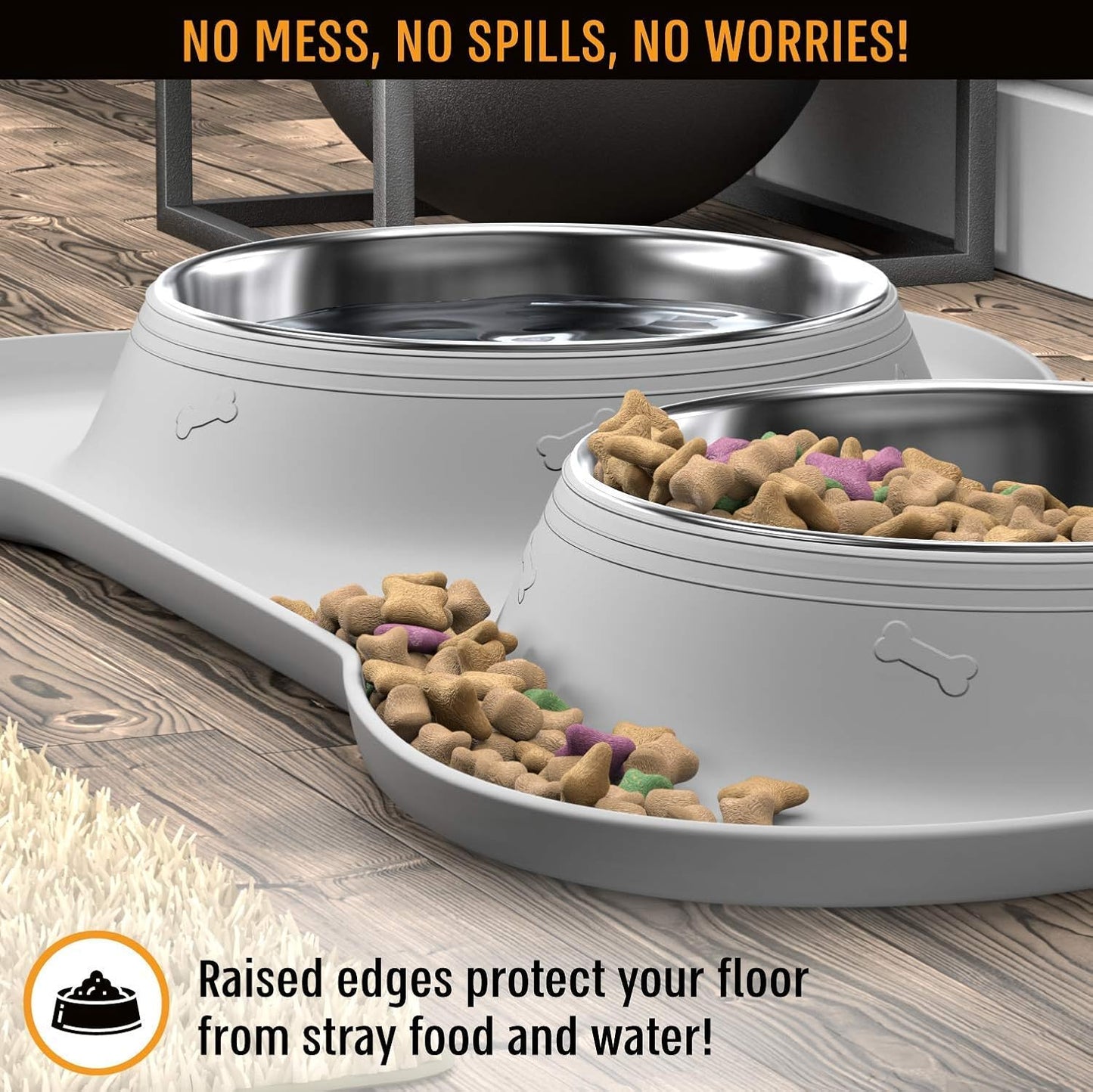 Dog Bowl Set, Stainless Steel No Spill Mess-Proof Food & Water Food Bowls with Skid Resistant Silicone Mat, Dog Bowls Small Size Dog, Medium, & Large, Pet Puppy Bowls & Dishes